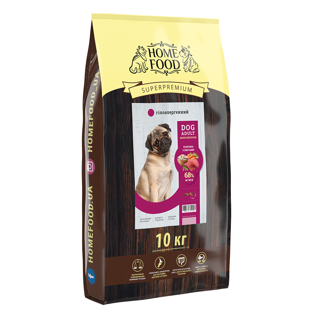 

Сухой корм Home food (Хоум фуд) DOG ADULT MINI/MEDIUM для собак малых и средних пород гипоаллергенный, 10 кг