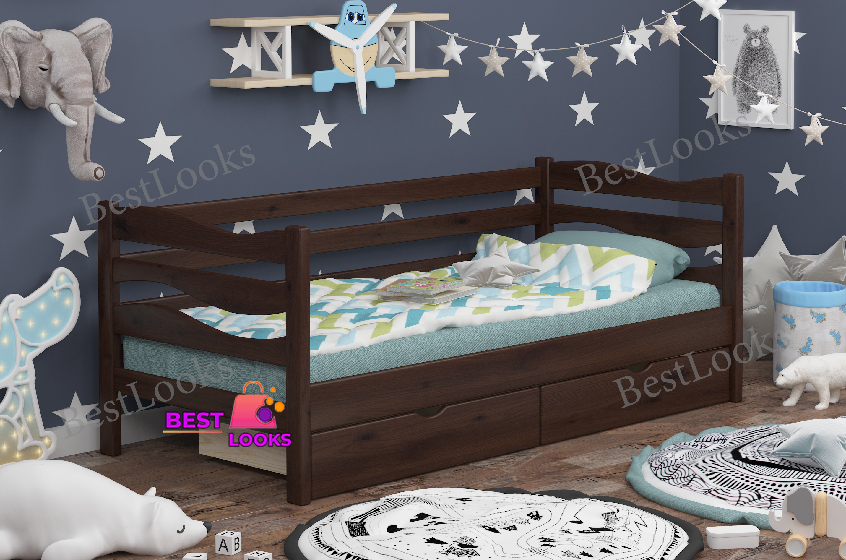 

Кровать детская односпальная с Ящиками 90х200 Wellmebely Волна сосна Орех Темный Л6