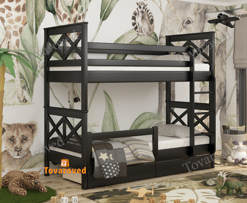 

Двухъярусная кровать с Ящиками 90х190 и бортиком защитным внизу Wellmebely Маугли Трансформер сосна Венге Л6