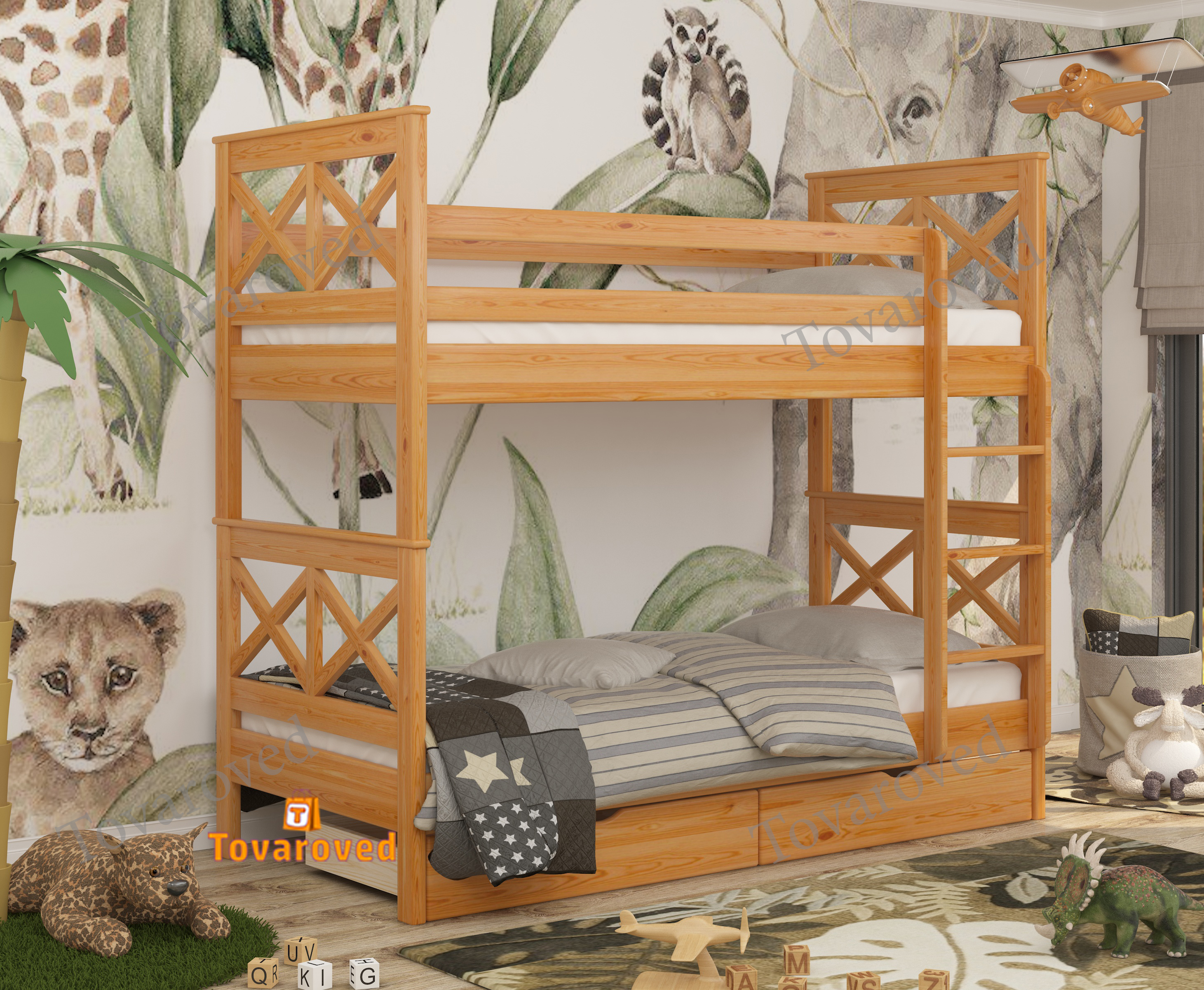 

Двухъярусная кровать с Ящиками 90х190 Wellmebely Маугли Трансформер сосна Ольха Л6