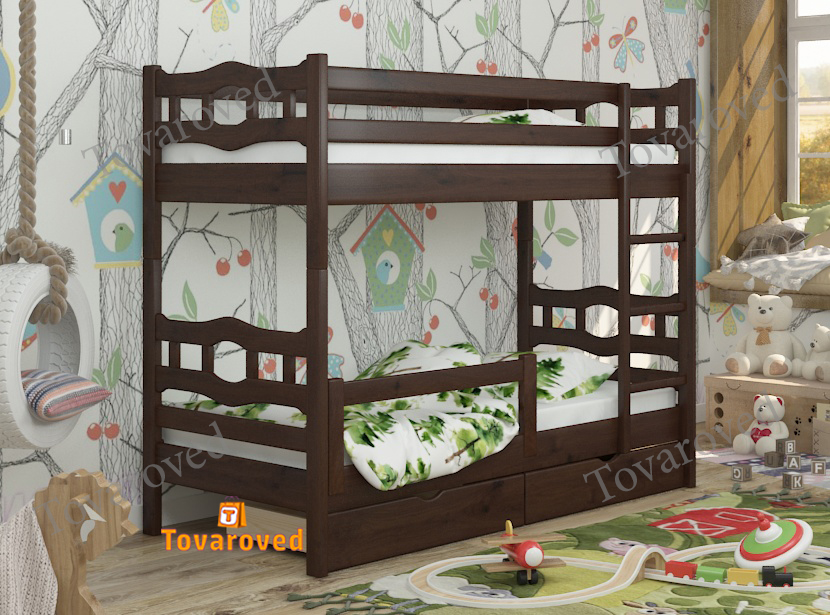 

Двухъярусная кровать с Ящиками 90х190 и бортиком защитным внизу Wellmebely Робин Трансформер сосна Орех Темный Л6