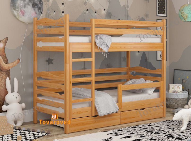 

Двухъярусная кровать с Ящиками 90х190 и бортиком защитным внизу Wellmebely Эрика Трансформер сосна Ольха Л6
