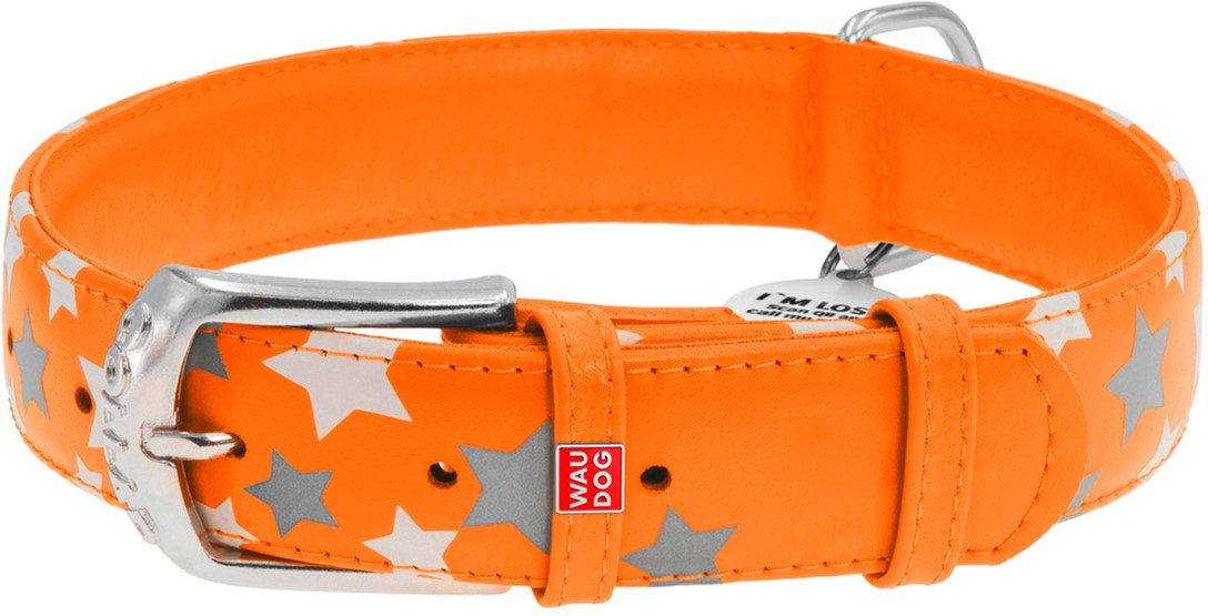 

Ошейник для собак кожаный Collar WAUDOG Glamour с QR паспортом, узор "Звёздочка", светящийся/светоотражающий, L, Ш 35 мм, Дл 46-60 см