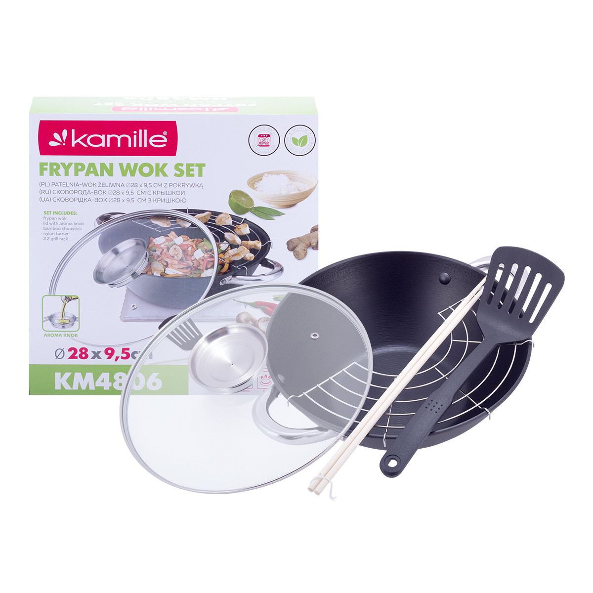 

Казан чугунный для плова Kamille с крышкой Wok с антипригарным покрытием для индукции и газа на 3.6 L 4806MR