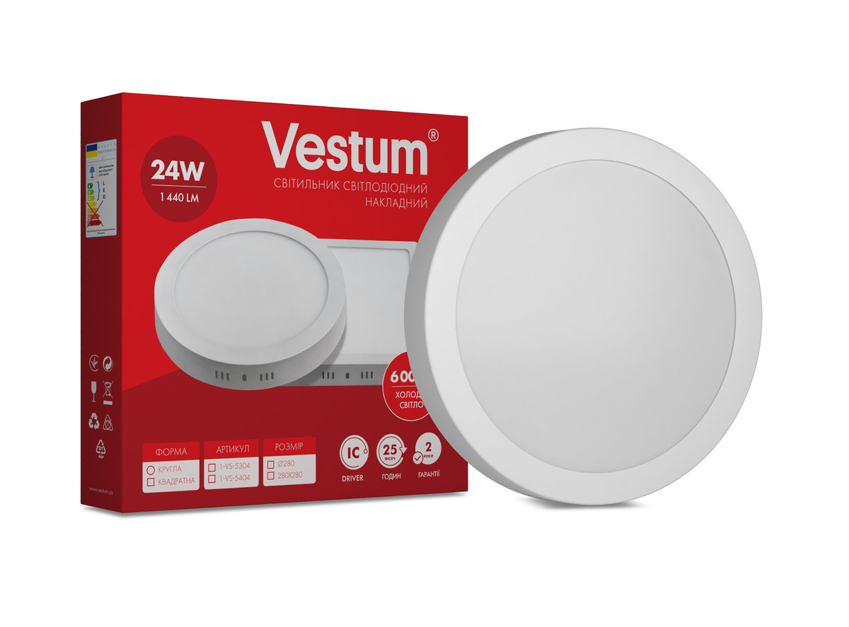 

Круглый светодиодный накладной светильник Vestum 24W 6000K 220V 1-VS-5304