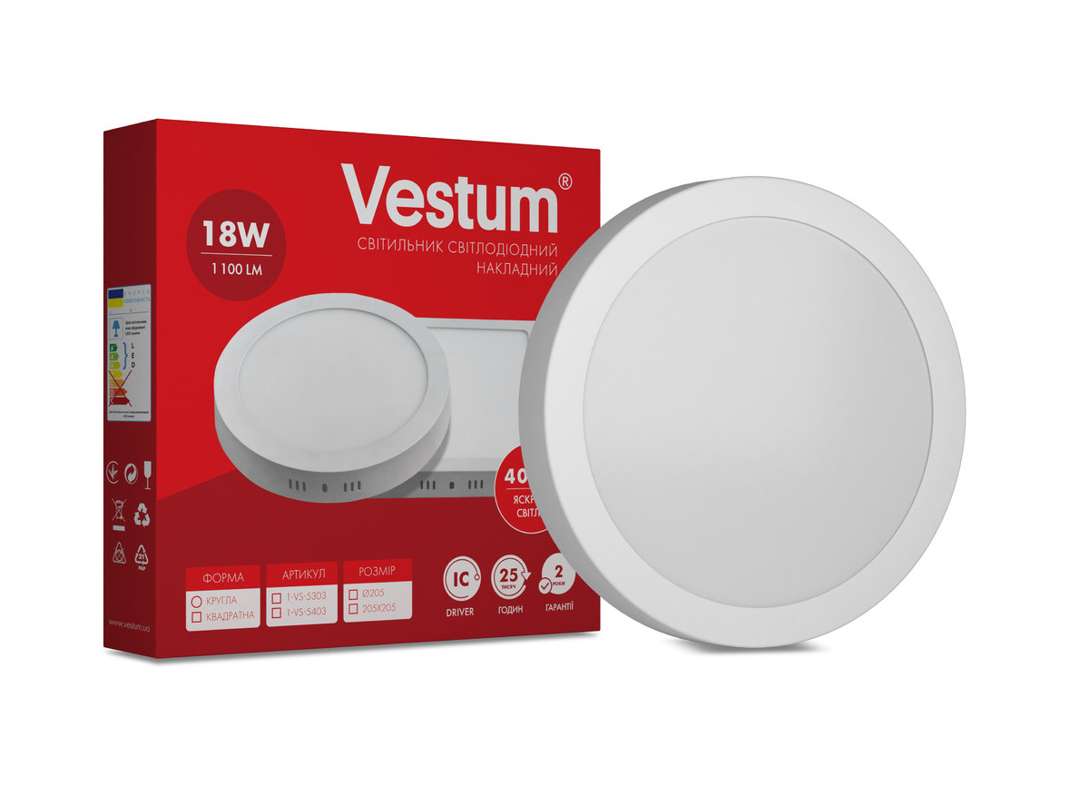 

Круглый светодиодный накладной светильник Vestum 18W 4000K 220V 1-VS-5303