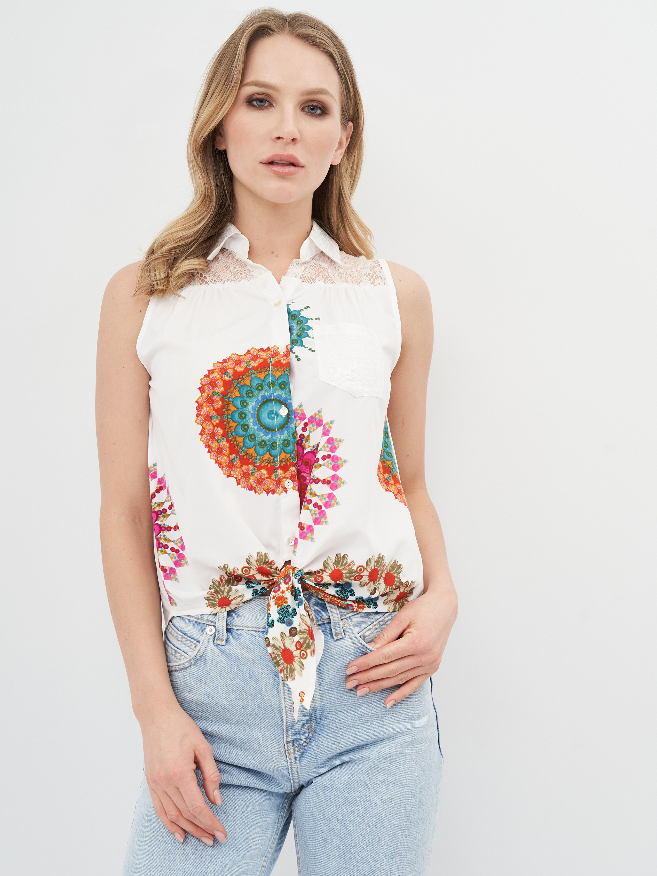 

Блузка Desigual 65C22B0/1000  Белая с принтом, Блузка Desigual 65C22B0/1000 S Белая с принтом