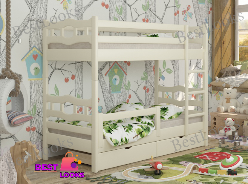 

Кровать Двухъярусная с Ящиками 90х200 и бортиком защитным внизу Wellmebely Робин Трансформер сосна Бежевый Л6