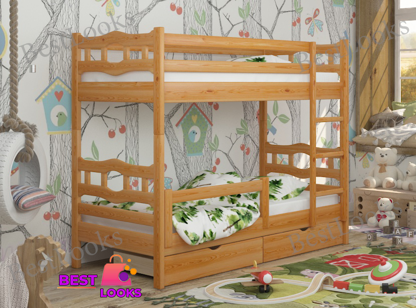 

Кровать Двухъярусная с Ящиками 90х200 и бортиком защитным внизу Wellmebely Робин Трансформер сосна Ольха Л6