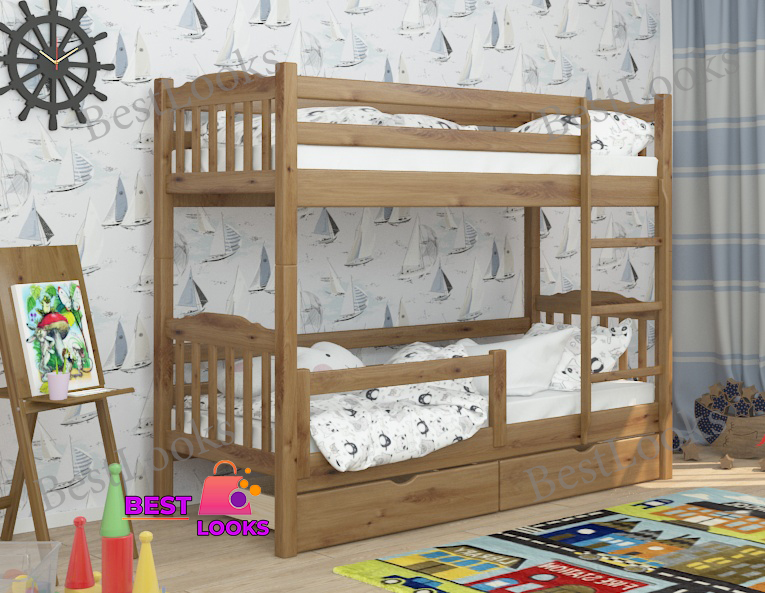 

Кровать Двухъярусная с Ящиками 80х200 и бортиком защитным внизу Wellmebely Бай-Бай Трансформер сосна Орех Светлый Л6