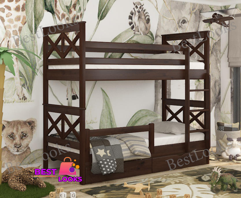 

Кровать Двухъярусная с Ящиками 80х200 и бортиком защитным внизу Wellmebely Маугли Трансформер сосна Орех Темный Л6