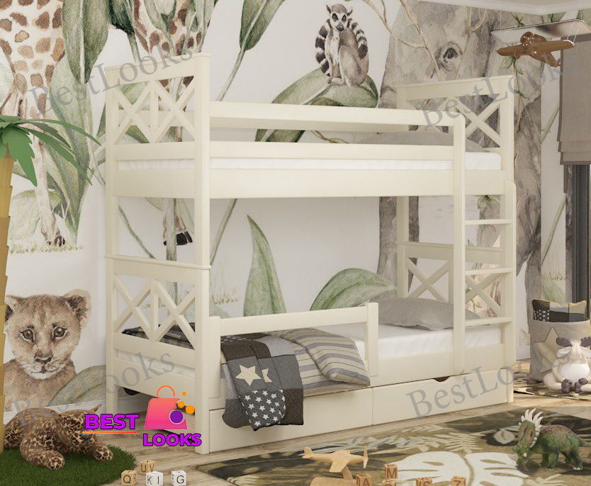 

Кровать Двухъярусная с Ящиками 90х200 и бортиком защитным внизу Wellmebely Маугли Трансформер сосна Бежевый Л6