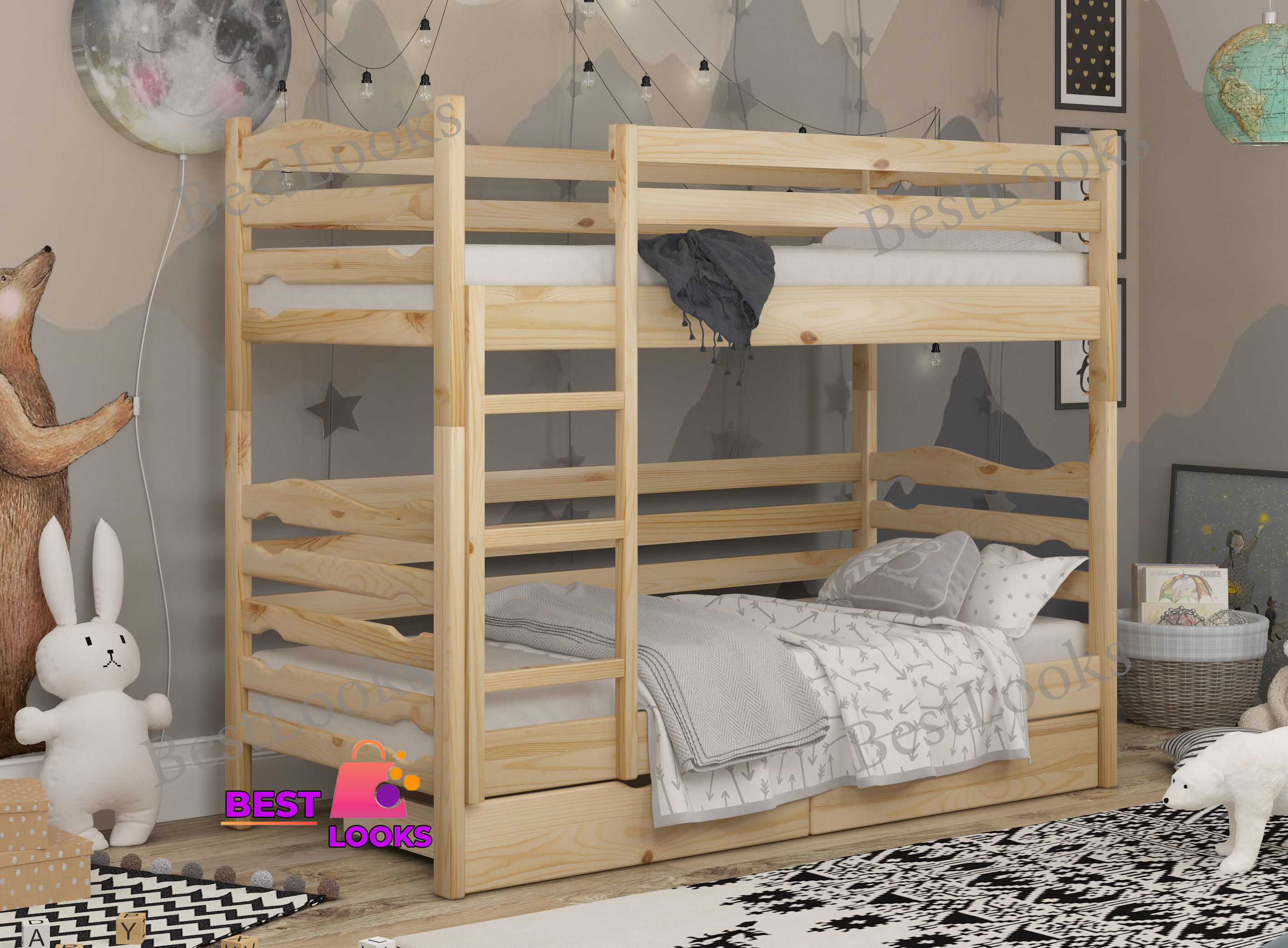 

Кровать Двухъярусная с Ящиками 90х200 Wellmebely Эрика Трансформер сосна Бук Л6