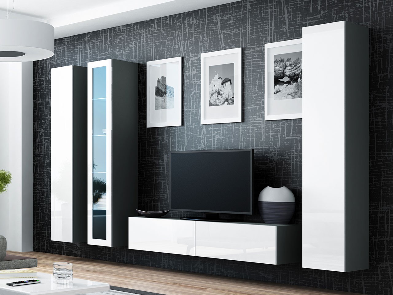 

Гостиная стенка комплект из ламинированной ДСП и стекла Vigo 15 Серый/Белый Сama Польша без подсветки