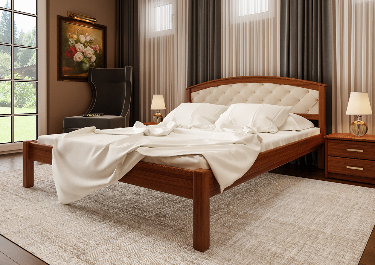 

Кровать двуспальная из натурального дерева Британия Мягкое изголовье ЧДК ольха в спальню 180x200 Орех