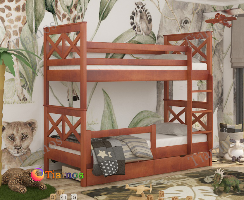 

Кровать Двухъярусная с Ящиками 80х190 и бортиком защитным внизу Маугли Wellmebely Трансформер сосна Яблоня Л6