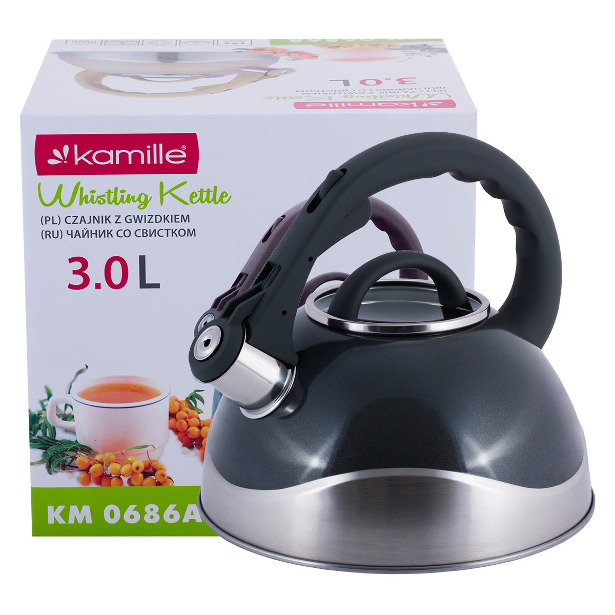 

Чайник Kamille 3л из нержавеющей стали со свистком и стеклянной крышкой KM-0686A