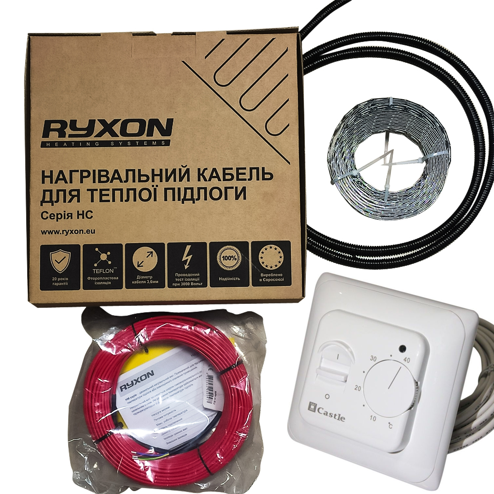 

Нагревательный кабель Ryxon HC-20-05 м + механическим терморегулятором Castle (0,5-0,6 м2)