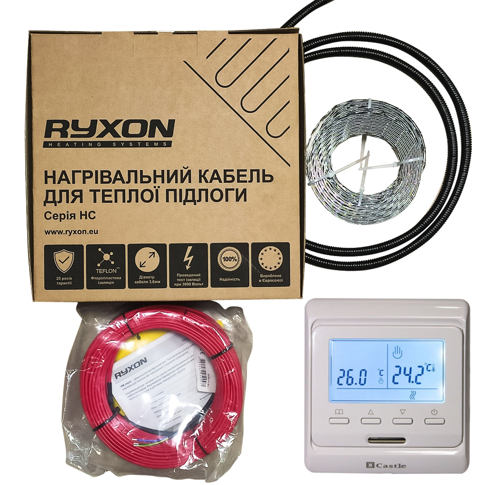 

Нагревательный кабель Ryxon HC-20-45 м + терморегулятор Castle (4,5-5,6 м2)