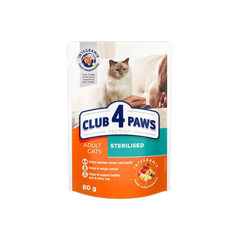 

Блок паучей для стерилизованных кошек CLUB 4 PAWS PREMIUM 24*80 г.