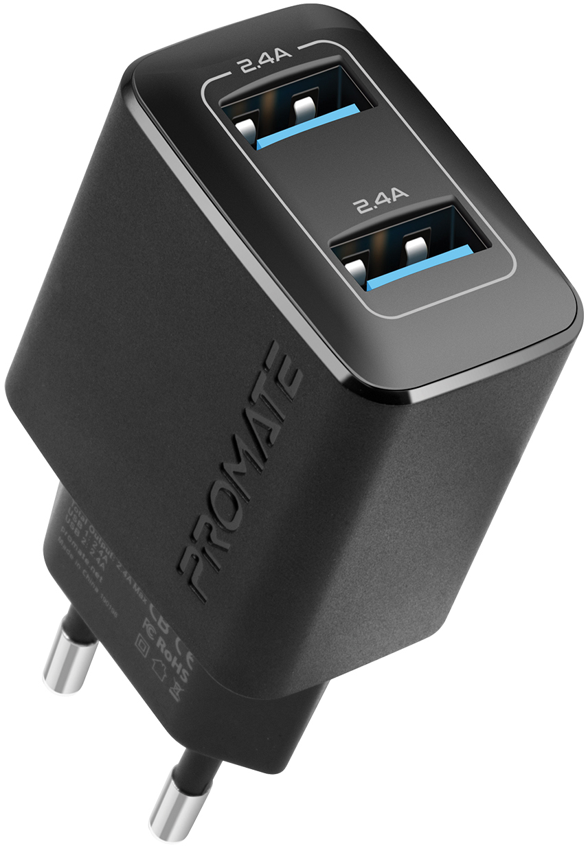 

Сетевое зарядное устройство Promate BiPlug 12 Вт 2 USB Black (biplug.black)
