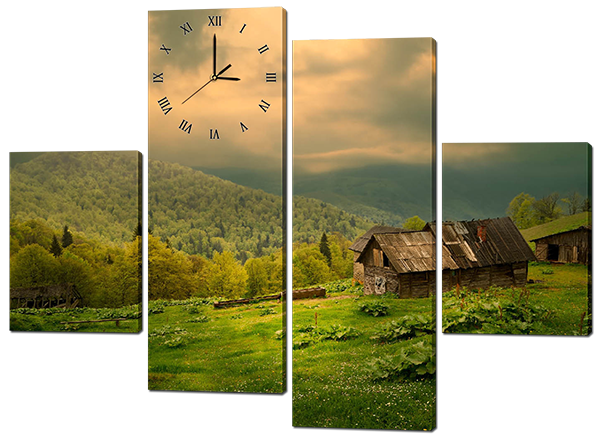 

Модульная картина с часами Interno Искусственный холст Домик на холмах 166x123см