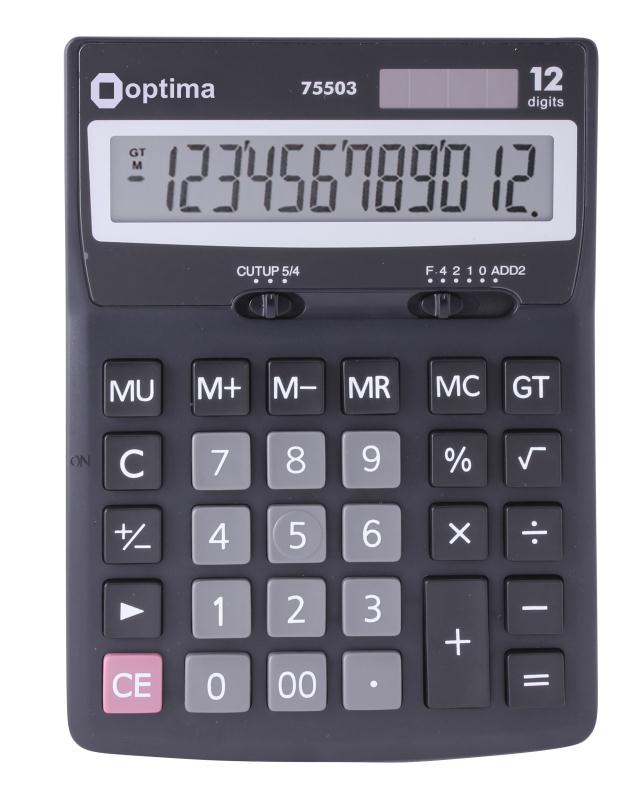 

Калькулятор настольный Optima 75503, 12 разрядов, фиксированный угловой, 170х132х22, черный