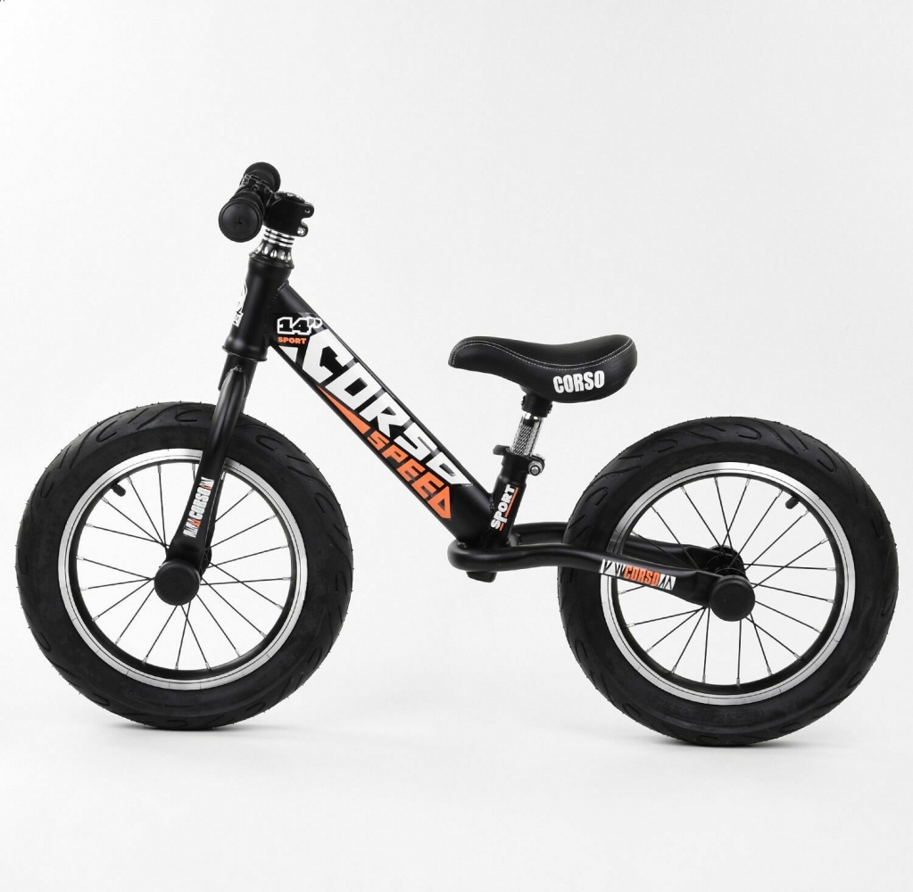 

Беговел Corso Speed Sport 53047 колеса надувные 14, черно - оранжевый