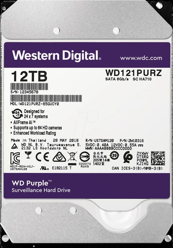 

Накопитель HDD SATA 12.0TB WD Purple 7200rpm 256MB (WD121PURZ)
