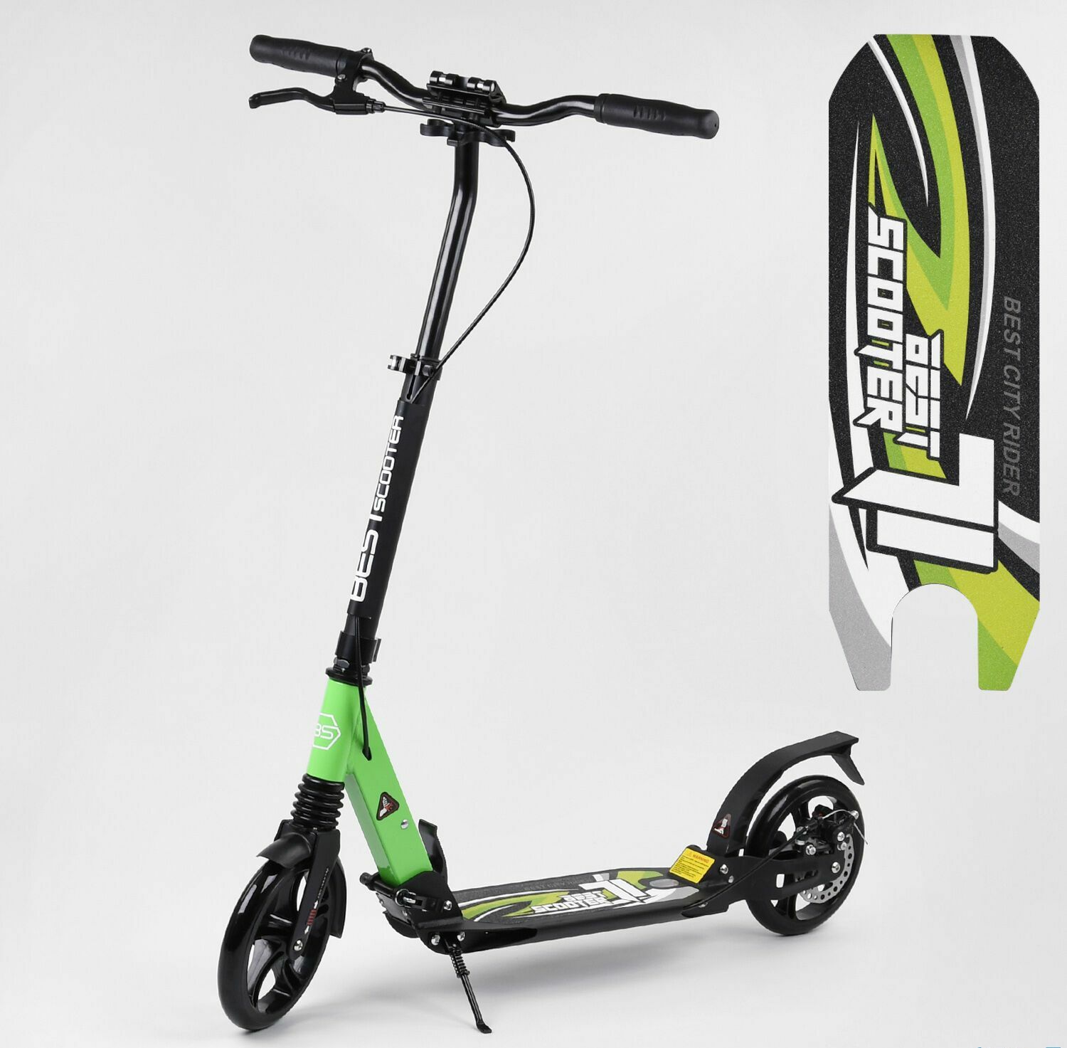 

Двухколесный самокат Best Scooter 19746 два амортизационных блока Дисковый тормоз Зеленый