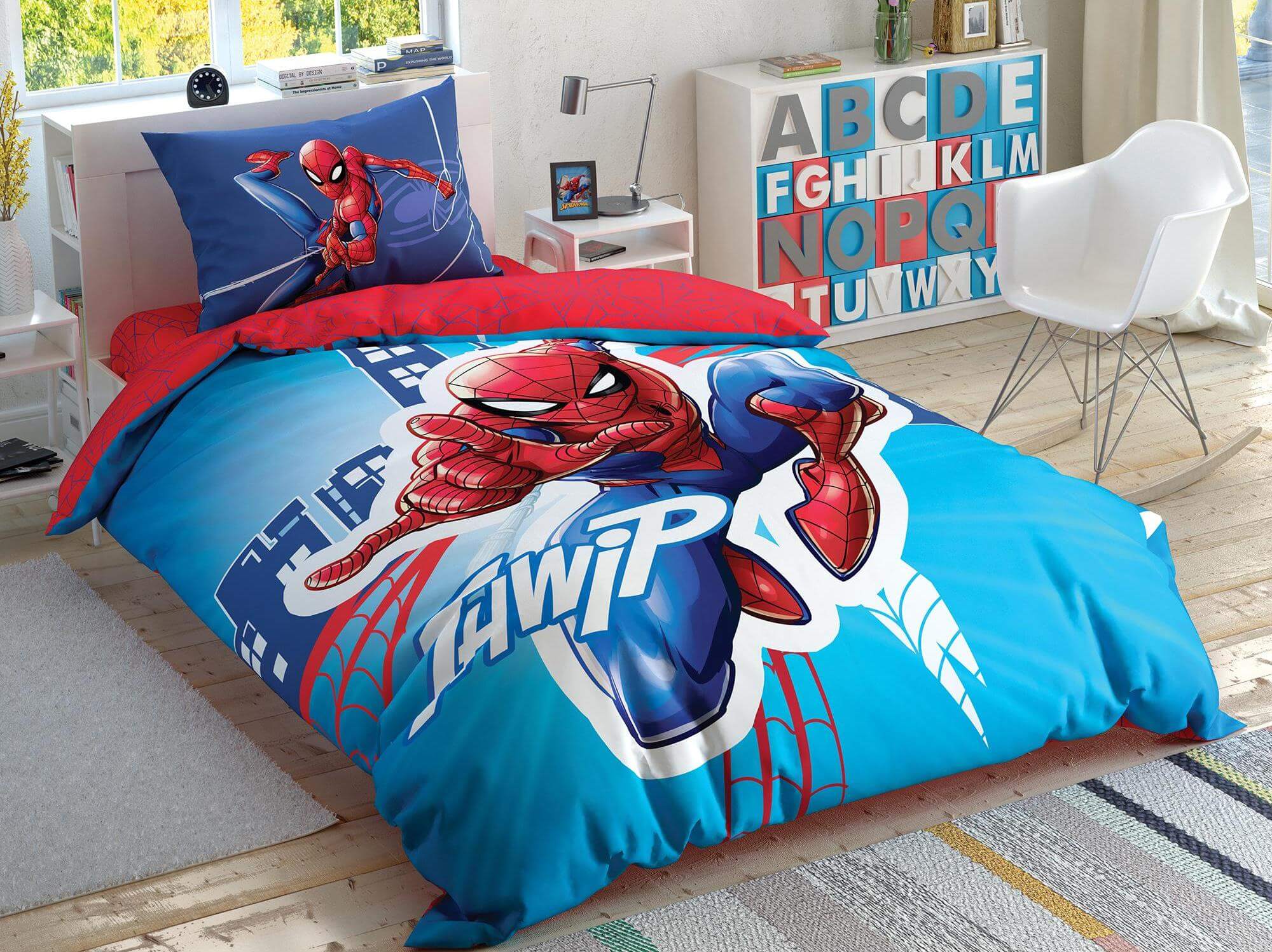 

Детский и подростковый комплект TAC Spiderman Light City Ранфорс простынь на резинке+светится в темноте