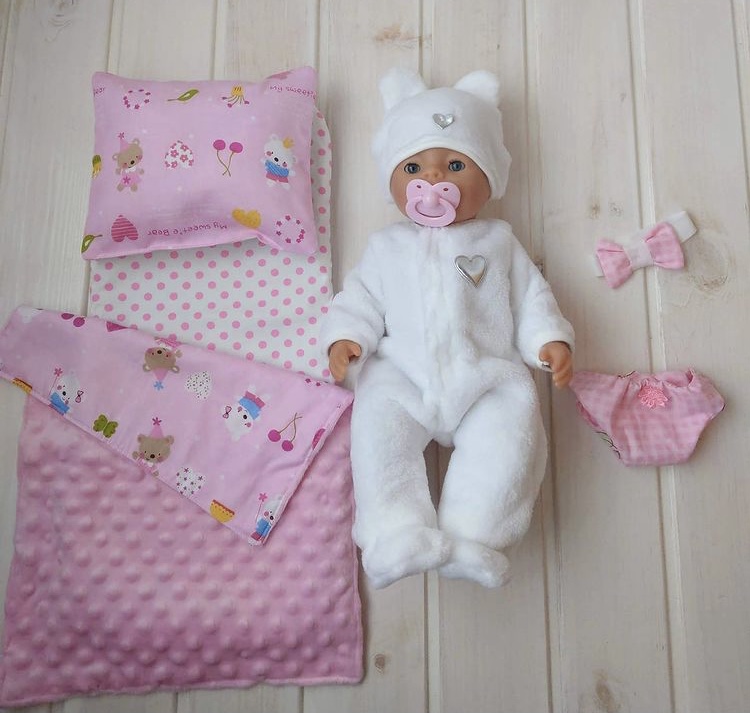 

Набор Одежда для куклы 40-44 см. Беби Берн Toys и Постельное белье в коляску или кроватку Белый Мишка Ручная работа