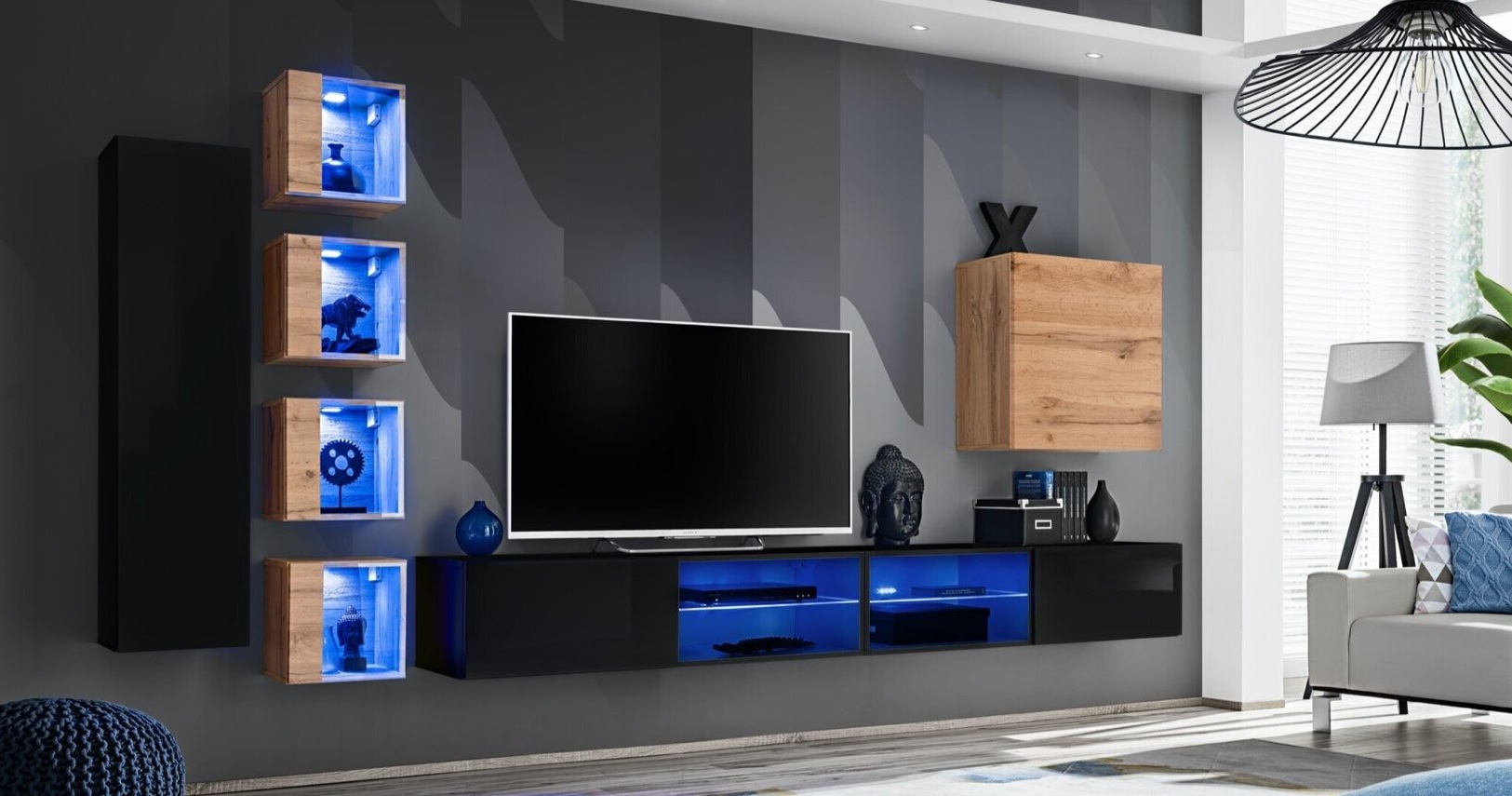 

Стенка в гостиную из ДСП и стекла Switch XXVI ASM Meble цвет Черный/Дуб Вотан