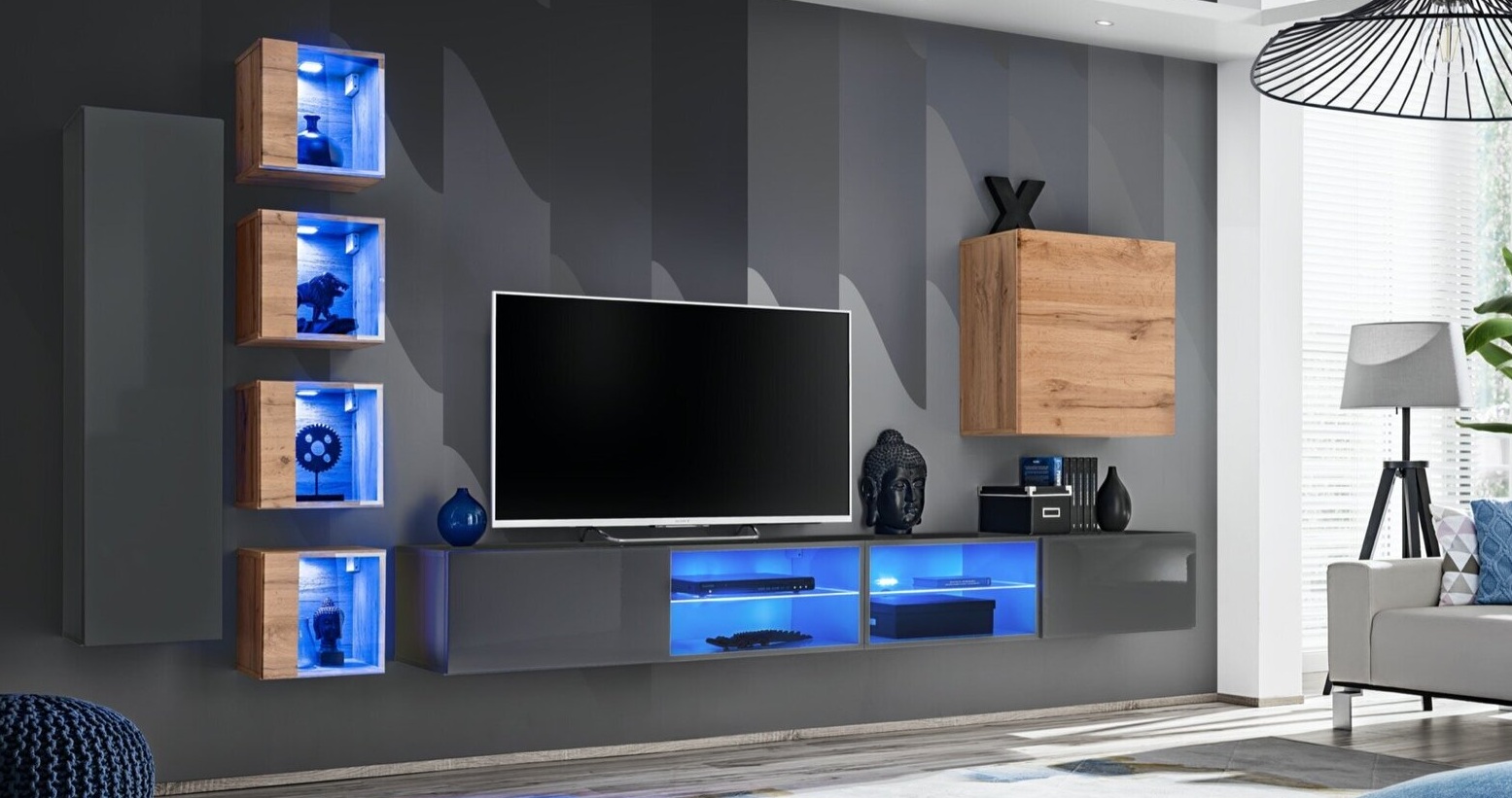 

Стенка в гостиную из ДСП и стекла Switch XXVI ASM Meble цвет Графит/Дуб Вотан