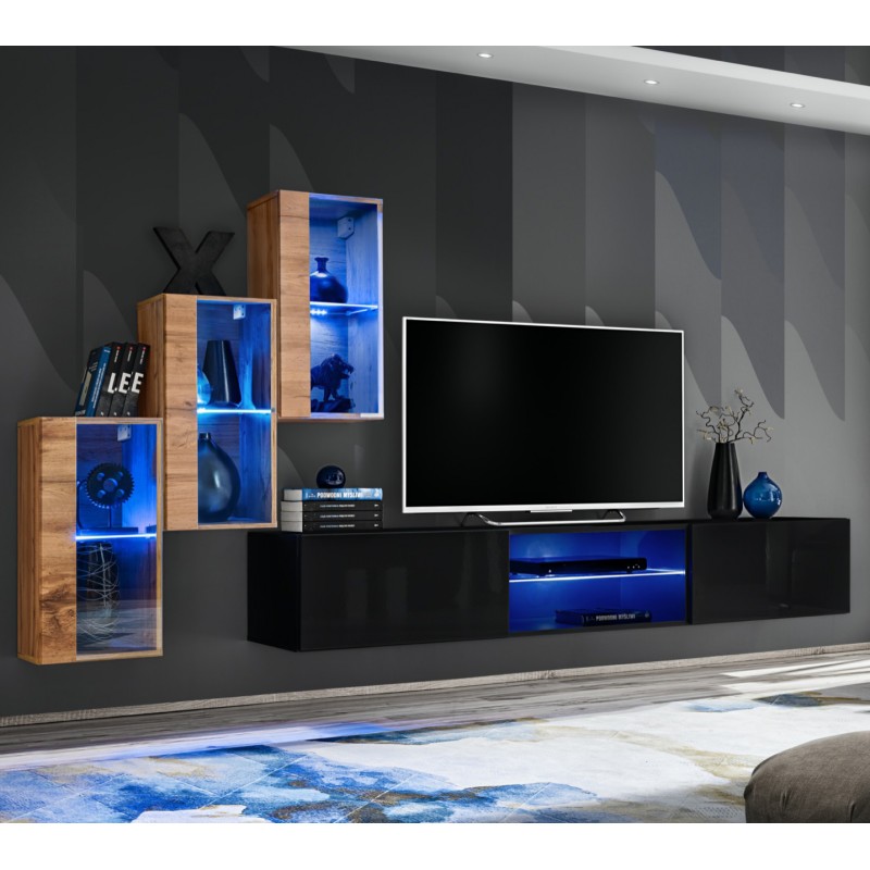 

Стенка в гостиную из ДСП и стекла Switch XXII ASM Meble цвет Черный/Дуб Вотан