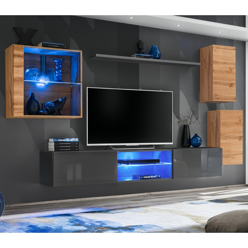 

Стенка в гостиную из ДСП и стекла Switch XXIII ASM Meble цвет Графит/Дуб Вотан