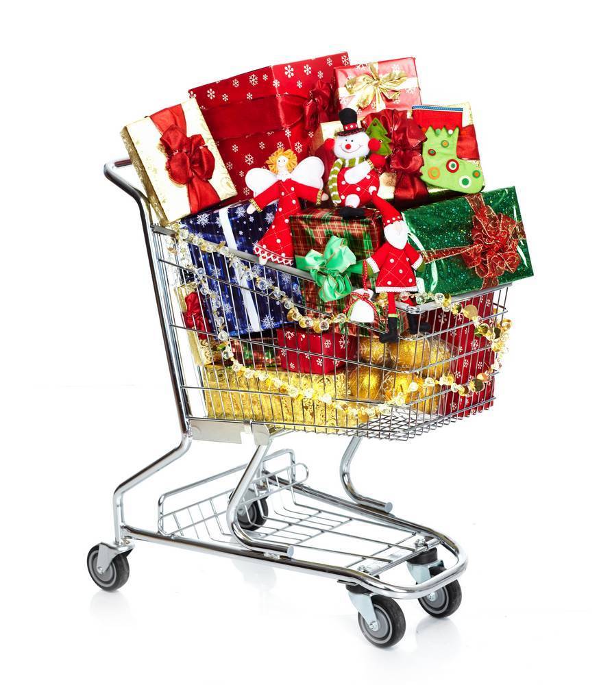 Gifts shopping. Тележка с подарками. Новогодняя тележка с продуктами. Новый год тележка продукты. Тележка для покупок.