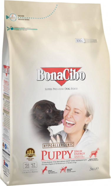 

Сухой корм для активных щенков BonaCibo Puppy High Energy с мясом курицы, анчоусами и рисом 3 кг