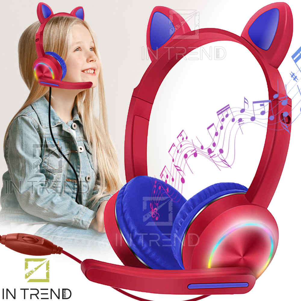 

Наушники проводные детские с микрофоном Cat ear headphones AKZ-020 с Кошачьими ушками подсветкой и регулятором громкости, Красный