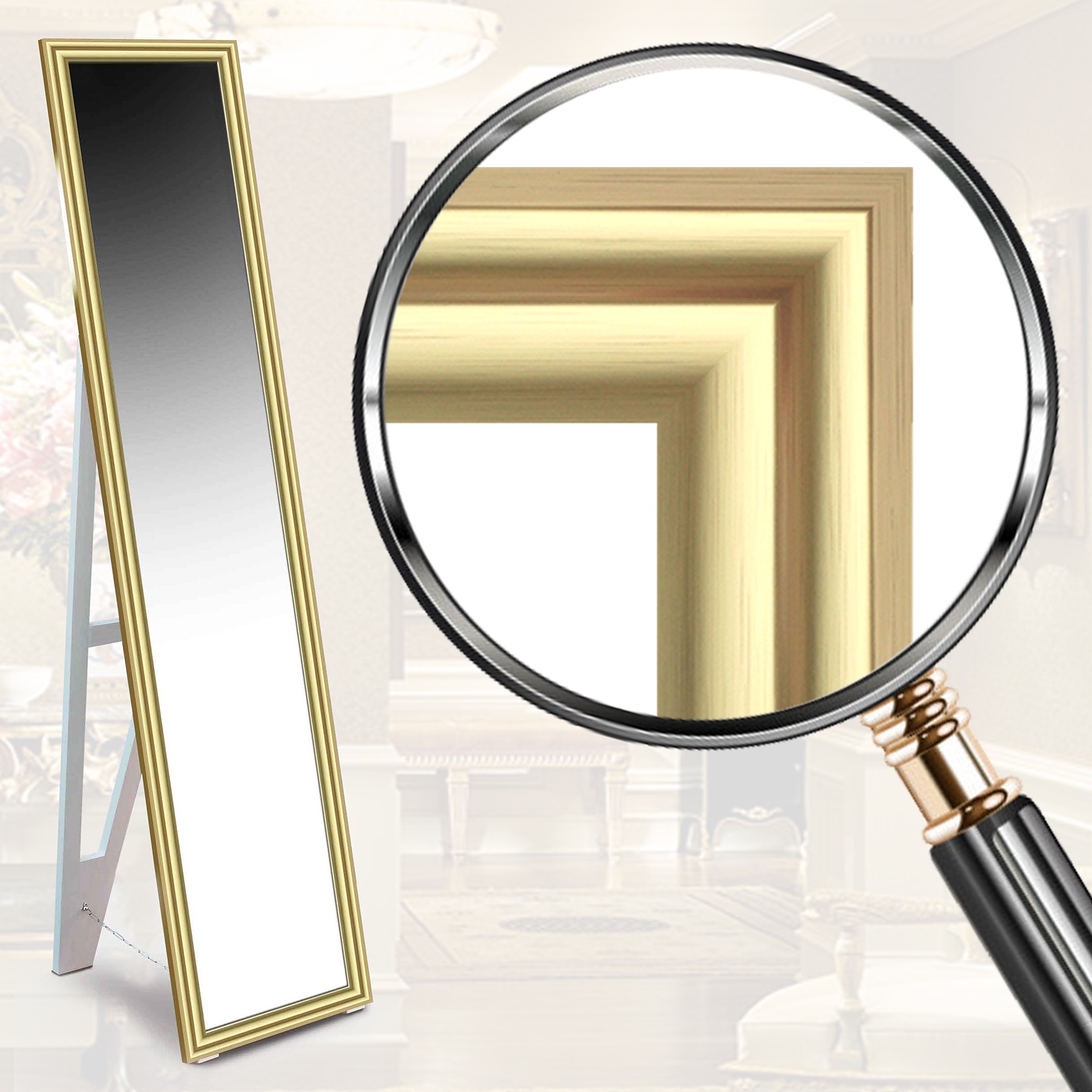 

Зеркало напольное в раме на деревянной подставке в полный рост Decorfrom Gold small glossy 45х168 золото