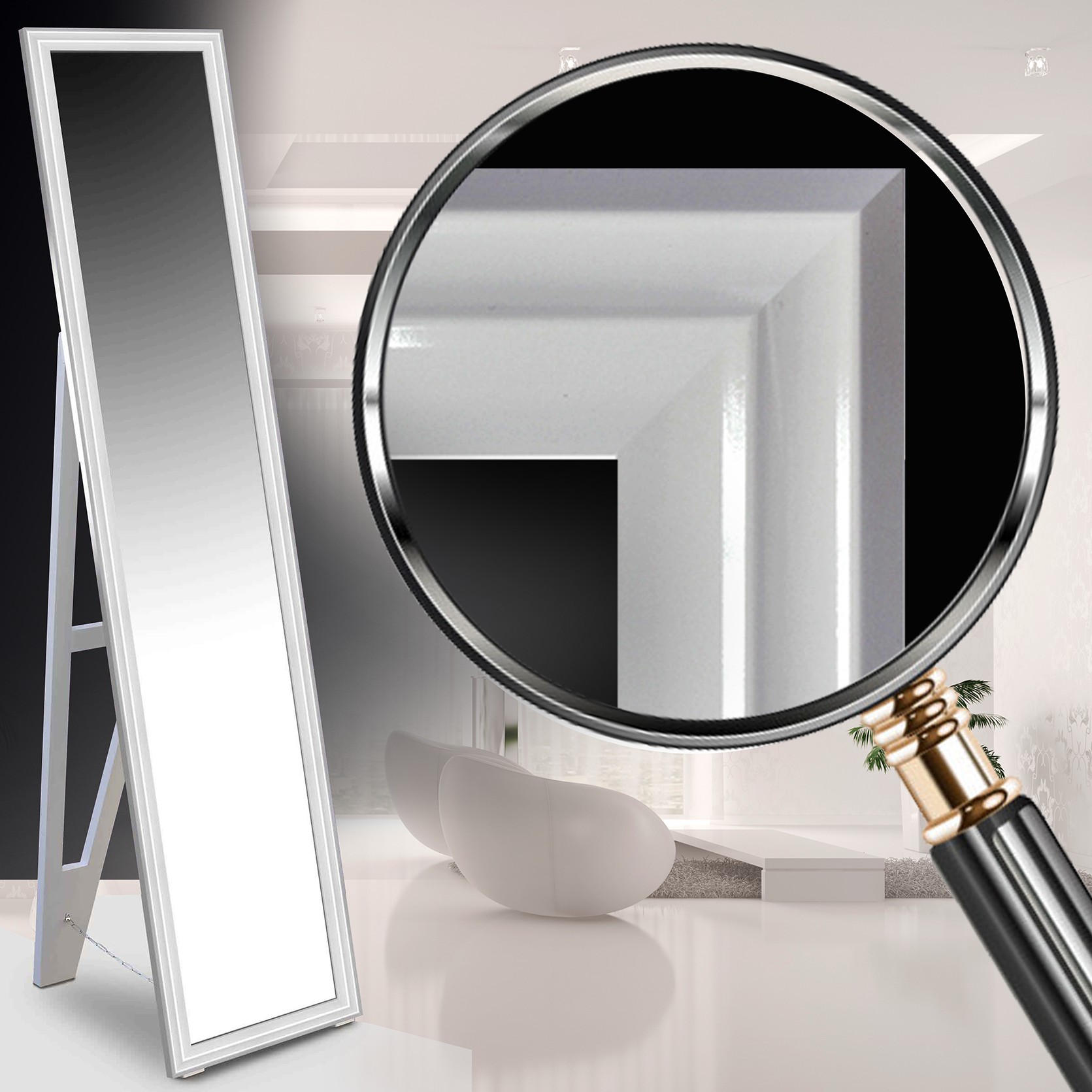 

Напольное зеркало в раме в полный рост на деревянной подставке Decorfrom White small glossy 45х167 белый