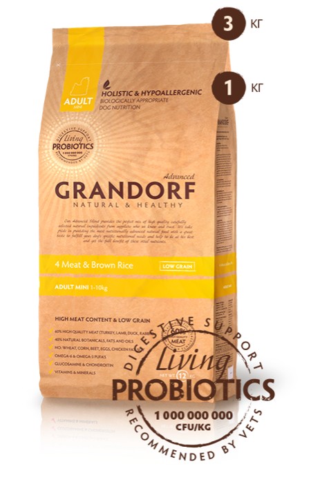

Сухой корм для собак малых пород Grandorf 4 Meat & Brown Rice Adult Mini Breeds с 4мя видами мяса и бурым рисом 3 кг