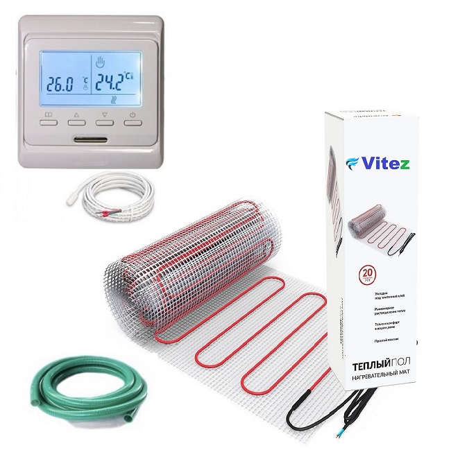 

Теплый пол Vitez двухжильный мат 200 Вт 1 м2 с программируемым терморегулятором в комплекте