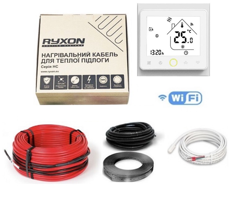 

Двухжильный тонкий кабель Ryxon HC-20-15 м 300Вт 1.5 - 1.9 м² в комплекте с терморегулятором WI-FI