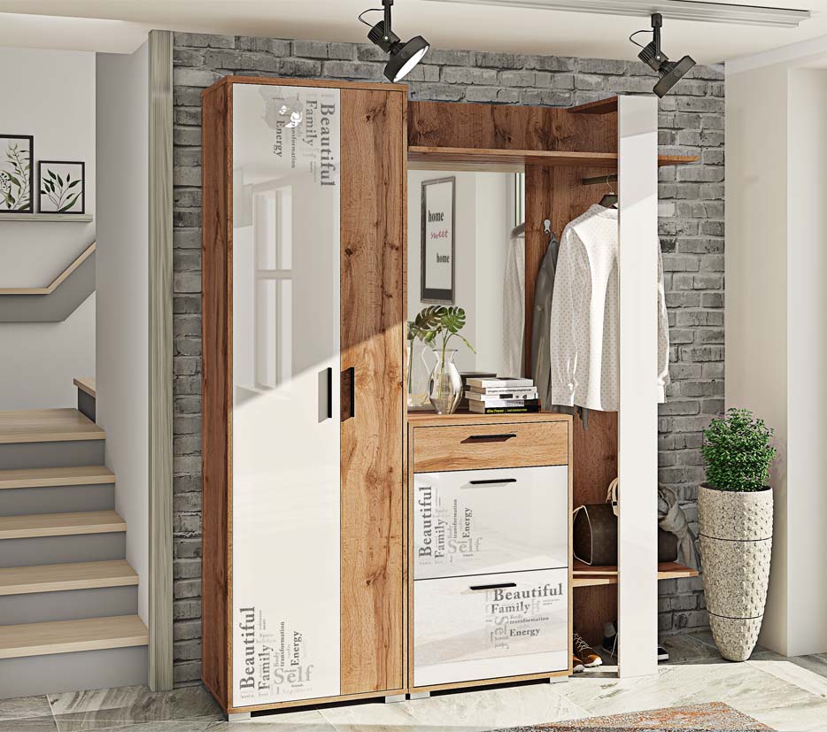 

Прихожая комплект Вендо ВТ-4051 170 х 38.5 х 201 из ДСП дуб золотой/белый с принтом Комфорт Мебель