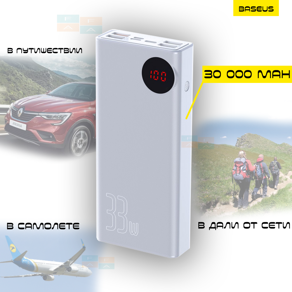 

Портативная Батарея Baseus Mulight 33W PD3.0 QC3.0 30000mAh УМБ Павербак для смартфона Портативное универсальное зарядное устройство для телефона гаджетов White