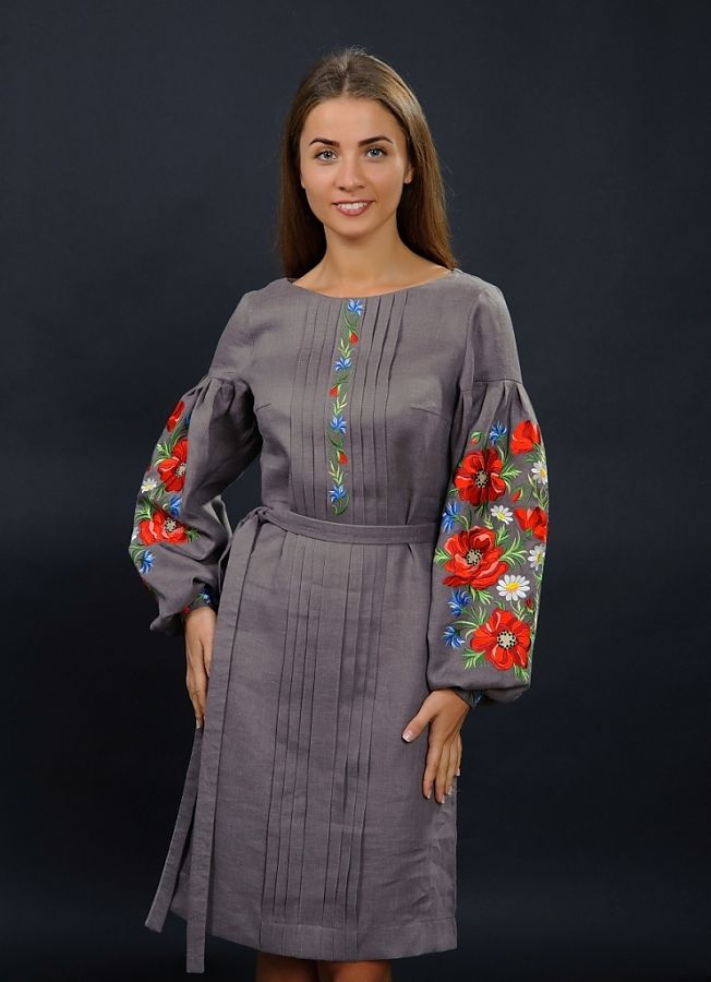 

Дизайнерское платье вышиванка Vyshyvanka "Маки"  Серо-коричневое 4150, Дизайнерское платье вышиванка Vyshyvanka "Маки" 54 Серо-коричневое 4150