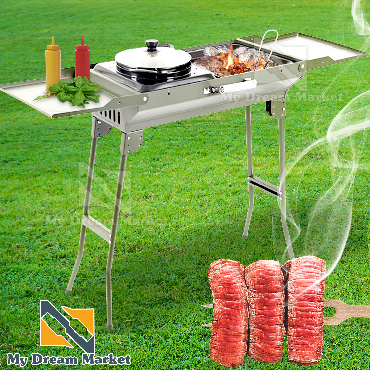 

Переносной мангал – гриль барбекю BBQ 1066G складной походный с ручками для шампуров – барбекюшница из металла + съёмная решетка - разборной, Серебристый