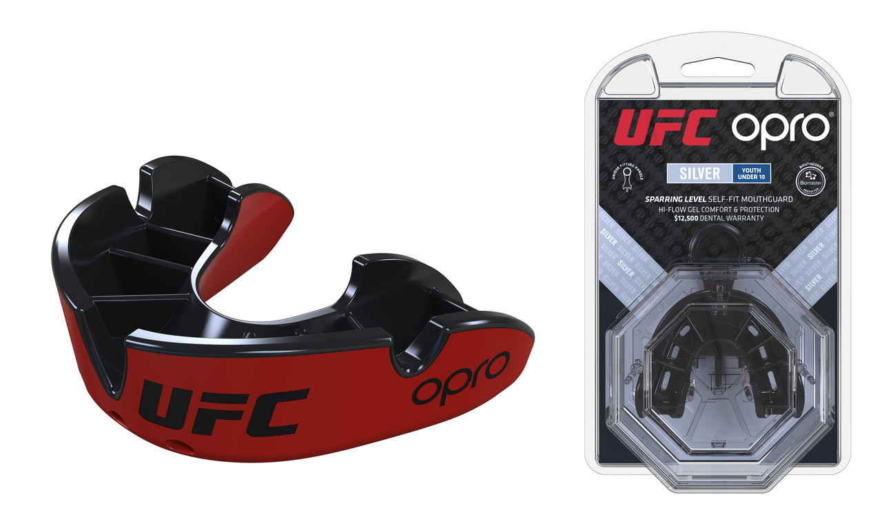 

Дитяча капа для боксу OPRO JUNIOR SILVER UFC Одностороння Полімер Червоно-чорний (002265001)