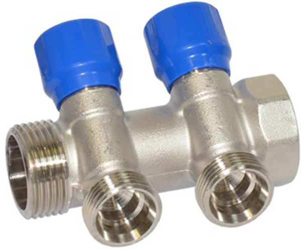 

Коллектор угловой CARLO POLETTI 1" x 3/4" EK 2 выхода (синие ручки) никель (C322N12QB)